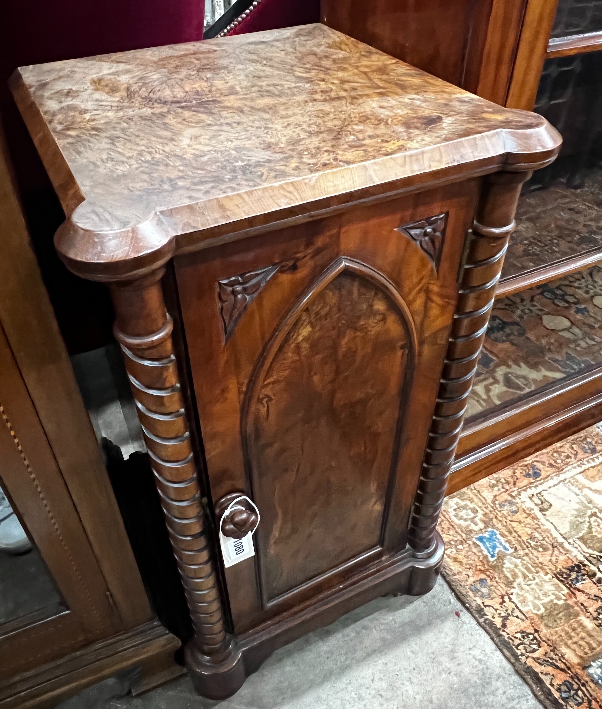 A Victorian burr yew bedside cabinet, stamped Holland & Sons, width 42cm, depth 40cm, height 75cm